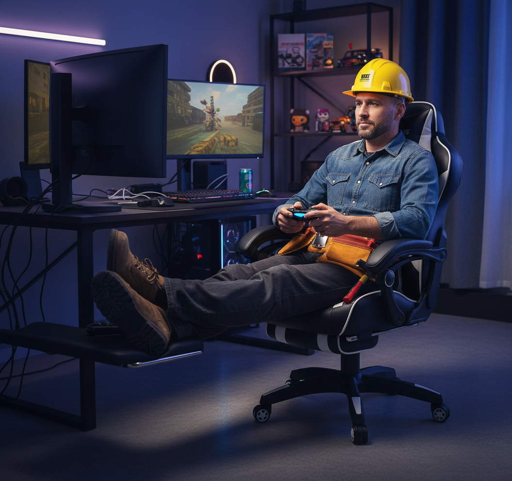 Builder sitting on gaming chair