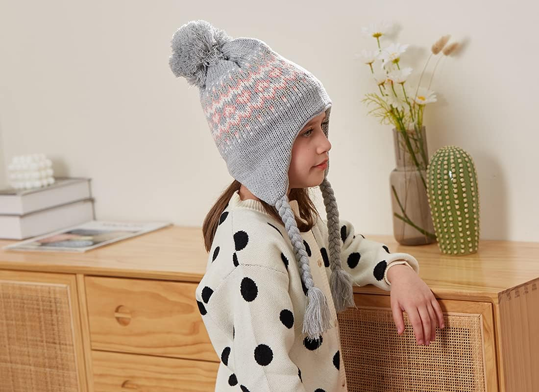 Girls Knit Hats Winter Fleece Lining Skiing Winter Caps with Warm Ear Flap