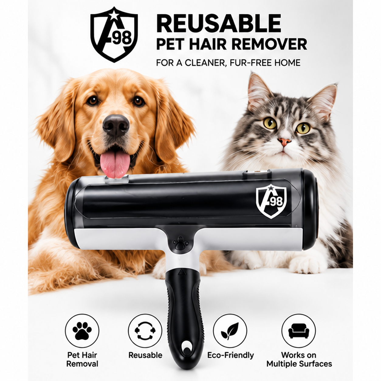 A98 brand artwork featuring the roller with a dog and cat