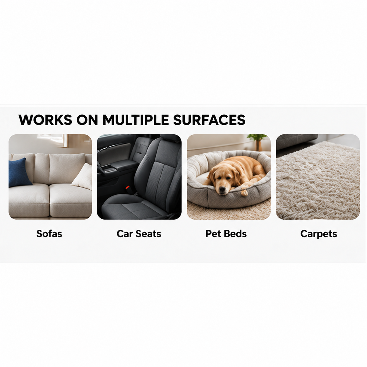 Suggested fabric surfaces: sofa, car seat, pet bed and carpet