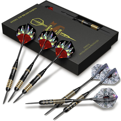Steel Tip Dart Brass Barrels Professional Darts Set, Metal Tipped Darts 6 Pack + 12 Aluminum Shafts + 12 Flights + 1 Sharpener