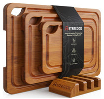 Astercook Deep-Carbonized Bamboo Cutting Boards for Kitchen with Wood Storage Stand, Reversible Charcuterie & Chopping Boards with Juice Grooves and Easy-Grip Handles, Knife-Friendly, Kitchen Gift