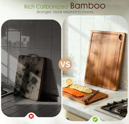 Astercook Deep-Carbonized Bamboo Cutting Boards for Kitchen with Wood Storage Stand, Reversible Charcuterie & Chopping Boards with Juice Grooves and Easy-Grip Handles, Knife-Friendly, Kitchen Gift