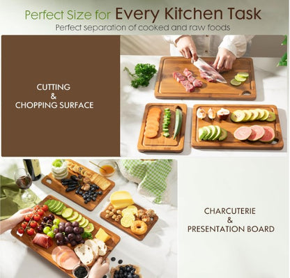 Astercook Deep-Carbonized Bamboo Cutting Boards for Kitchen with Wood Storage Stand, Reversible Charcuterie & Chopping Boards with Juice Grooves and Easy-Grip Handles, Knife-Friendly, Kitchen Gift