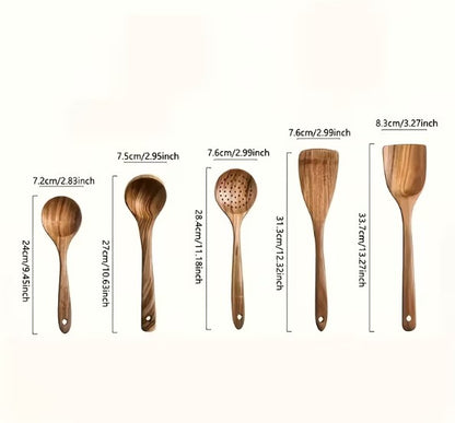 Premium 5/7-Piece Wooden Kitchen Utensil Set – Heat Resistant Natural Wood Cooking Spoons, Spurtle, Ladle & Wok Spatula for Non-Stick Cookware