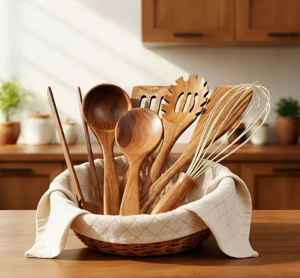 Premium 5/7-Piece Wooden Kitchen Utensil Set – Heat Resistant Natural Wood Cooking Spoons, Spurtle, Ladle & Wok Spatula for Non-Stick Cookware