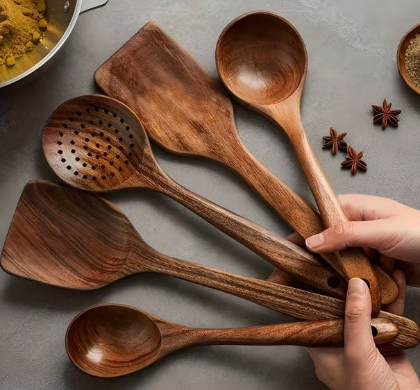 Premium 5/7-Piece Wooden Kitchen Utensil Set – Heat Resistant Natural Wood Cooking Spoons, Spurtle, Ladle & Wok Spatula for Non-Stick Cookware