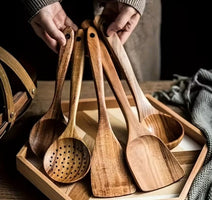 Premium 5/7-Piece Wooden Kitchen Utensil Set – Heat Resistant Natural Wood Cooking Spoons, Spurtle, Ladle & Wok Spatula for Non-Stick Cookware