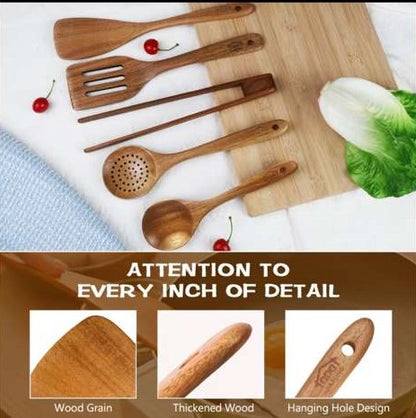 Premium 5/7-Piece Wooden Kitchen Utensil Set – Heat Resistant Natural Wood Cooking Spoons, Spurtle, Ladle & Wok Spatula for Non-Stick Cookware