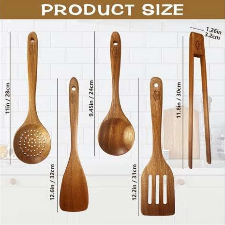 Premium 5/7-Piece Wooden Kitchen Utensil Set – Heat Resistant Natural Wood Cooking Spoons, Spurtle, Ladle & Wok Spatula for Non-Stick Cookware