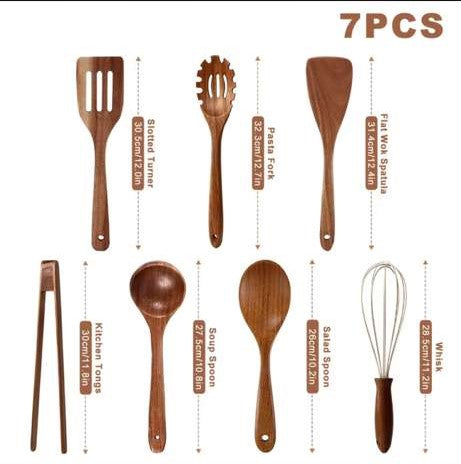 Premium 5/7-Piece Wooden Kitchen Utensil Set – Heat Resistant Natural Wood Cooking Spoons, Spurtle, Ladle & Wok Spatula for Non-Stick Cookware