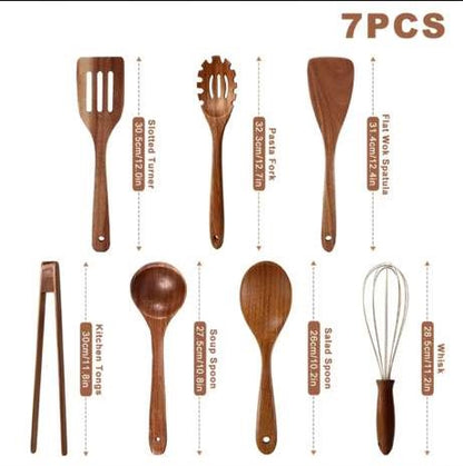 Premium 5/7-Piece Wooden Kitchen Utensil Set – Heat Resistant Natural Wood Cooking Spoons, Spurtle, Ladle & Wok Spatula for Non-Stick Cookware
