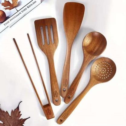 Premium 5/7-Piece Wooden Kitchen Utensil Set – Heat Resistant Natural Wood Cooking Spoons, Spurtle, Ladle & Wok Spatula for Non-Stick Cookware