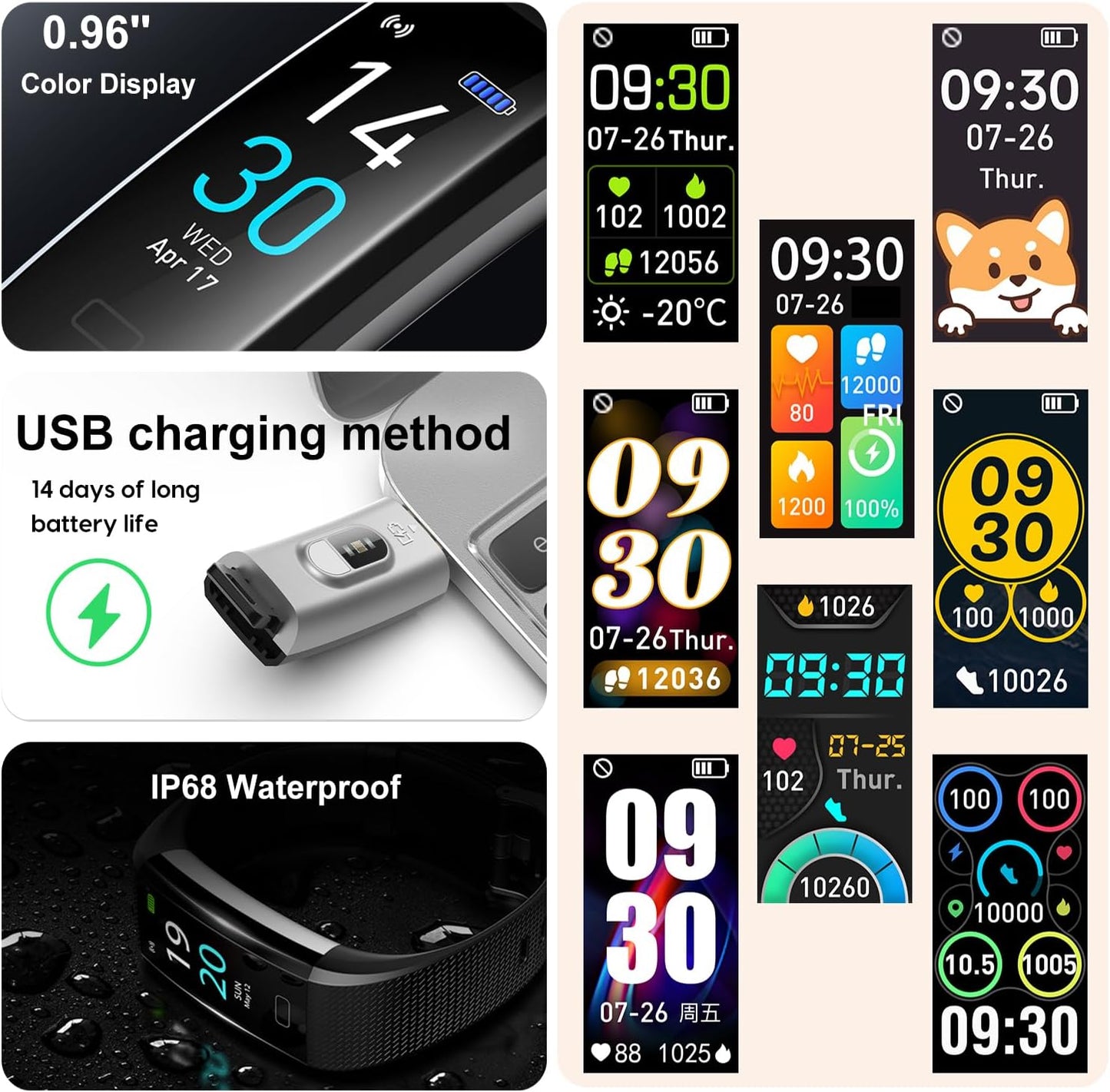 Fitness Tracker with Step/Distance/Calories Counter, Activity Tracker with Heart Rate Monitor, Slim Style Watch IP68 Waterproof, Sleep Monitor Tracker, Pedometer Watch for Women Men